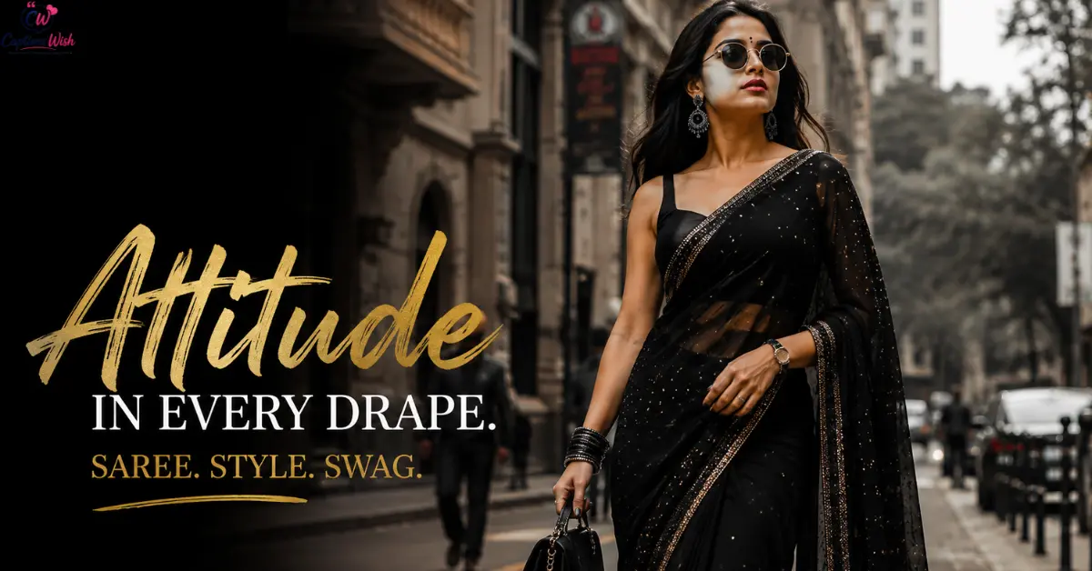 Woman in a black designer saree on a city street.