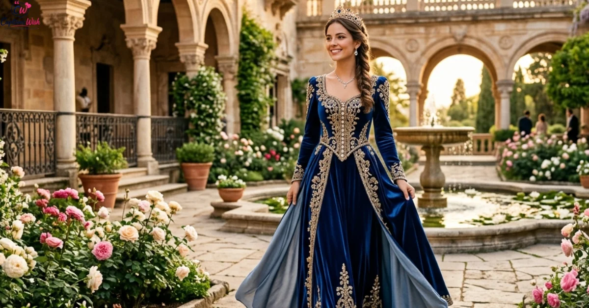 Princess walking through a floral palace courtyard