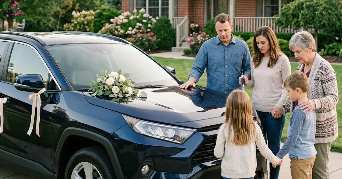 Family celebrating a blessed new car