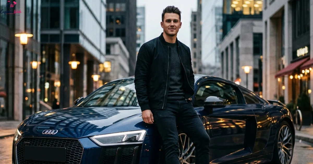 Young man beside his dream car