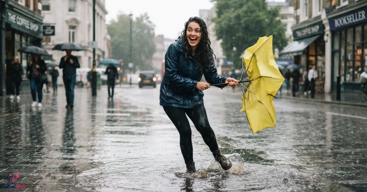 Person struggling with umbrella in heavy rain