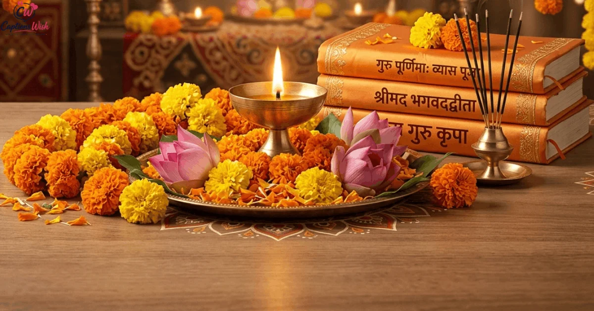 Guru Purnima diya with flowers and sacred books