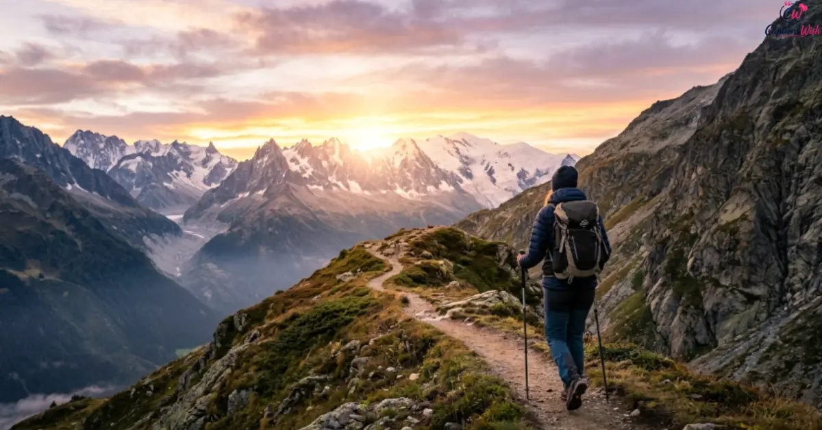 Traveler hiking toward sunrise.