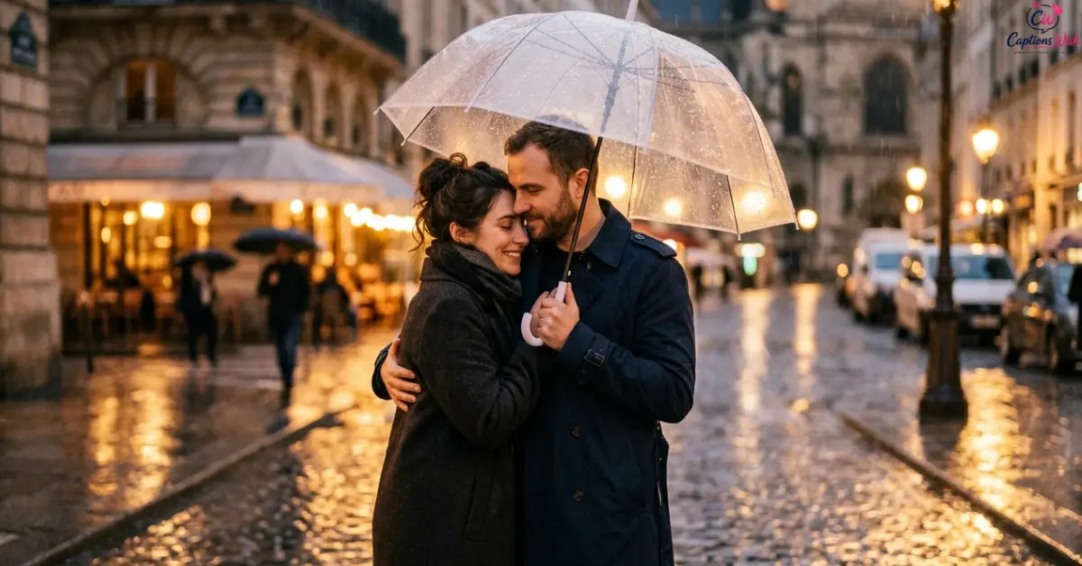 Couple embracing under an umbrella in the rain