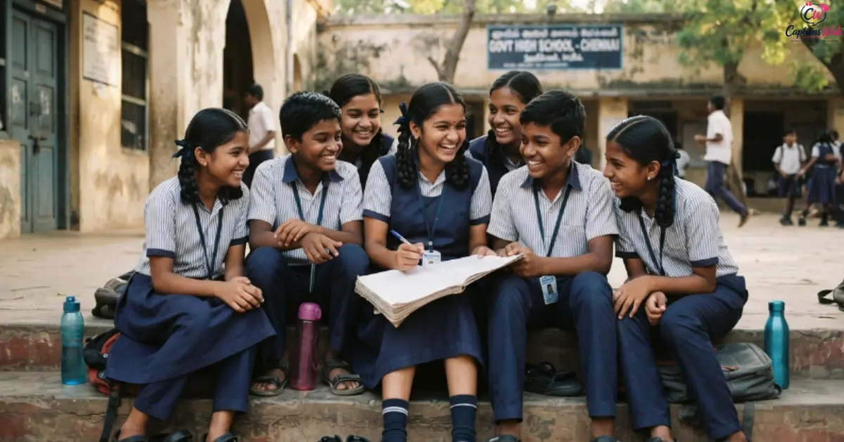 Group of Indian schoolkids in uniforms sitting together on school steps