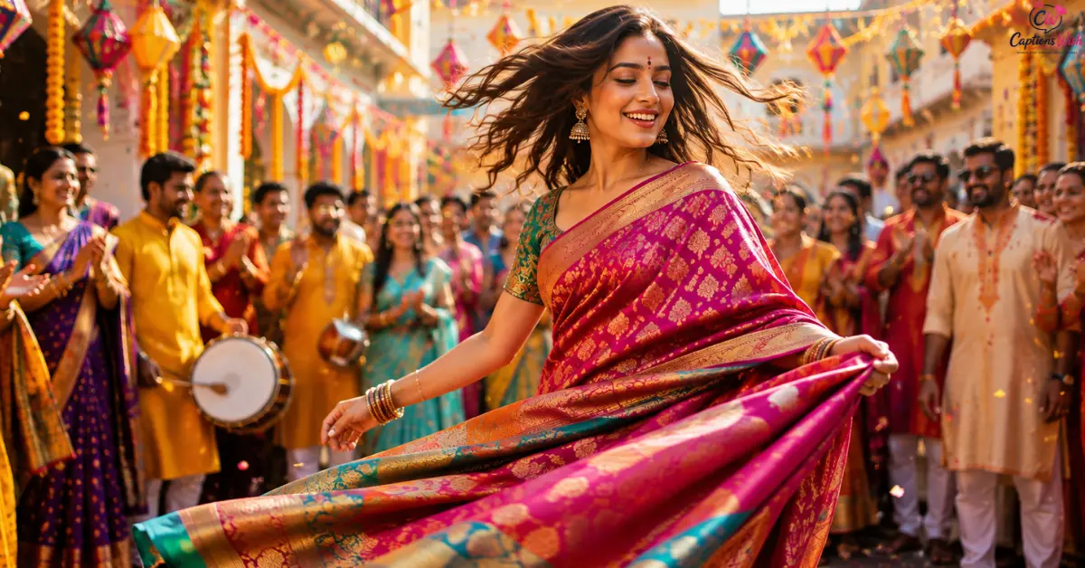 Woman twirling in a colorful saree at a festival.